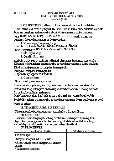 Kế hoạch bài dạy Tiếng Anh 3 - Tuần 33 - Năm học 2023-2024 - Nguyễn Thị Mỹ Hiền