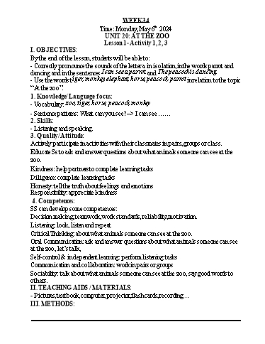 Kế hoạch bài dạy Tiếng Anh 3 - Tuần 34 - Năm học 2023-2024 - Nguyễn Thị Hồng Thắm