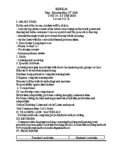 Kế hoạch bài dạy Tiếng Anh 3 - Tuần 35 - Năm học 2023-2024 - Nguyễn Thị Hồng Thắm
