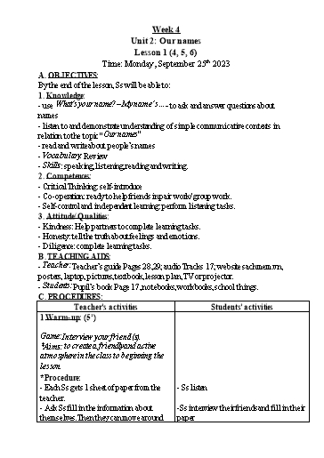 Kế hoạch bài dạy Tiếng Anh 3 - Tuần 4 - Năm học 2023-2024 - Nguyễn Thị Hồng Thắm