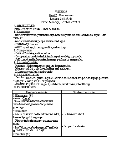 Kế hoạch bài dạy Tiếng Anh 3 - Tuần 5 - Năm học 2023-2024 - Nguyễn Thị Hồng Thắm