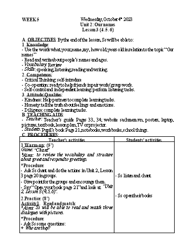 Kế hoạch bài dạy Tiếng Anh 3 - Tuần 5 - Năm học 2023-2024 - Nguyễn Thị Mỹ Hiền