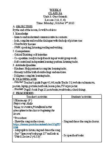 Kế hoạch bài dạy Tiếng Anh 3 - Tuần 6 - Năm học 2023-2024 - Nguyễn Thị Hồng Thắm