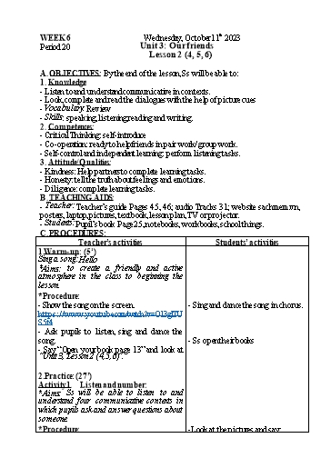 Kế hoạch bài dạy Tiếng Anh 3 - Tuần 6 - Năm học 2023-2024 - Nguyễn Thị Mỹ Hiền