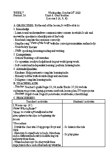 Kế hoạch bài dạy Tiếng Anh 3 - Tuần 7 - Năm học 2023-2024 - Nguyễn Thị Mỹ Hiền