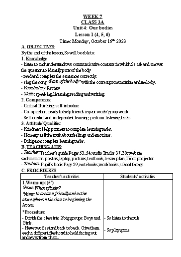 Kế hoạch bài dạy Tiếng Anh 3 - Tuần 7 - Năm học 2023-2024 - Nguyễn Thị Hồng Thắm