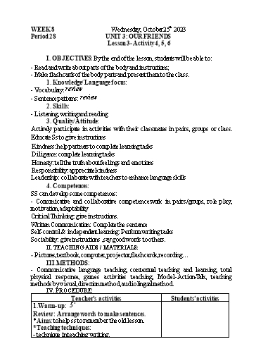 Kế hoạch bài dạy Tiếng Anh 3 - Tuần 8 - Năm học 2023-2024 - Nguyễn Thị Mỹ Hiền