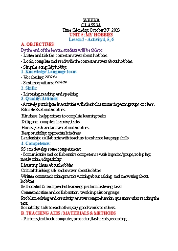 Kế hoạch bài dạy Tiếng Anh 3 - Tuần 9 - Năm học 2023-2024 - Nguyễn Thị Hồng Thắm