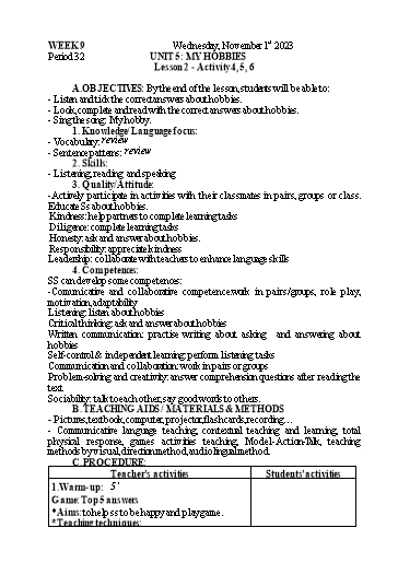 Kế hoạch bài dạy Tiếng Anh 3 - Tuần 9 - Năm học 2023-2024 - Nguyễn Thị Mỹ Hiền