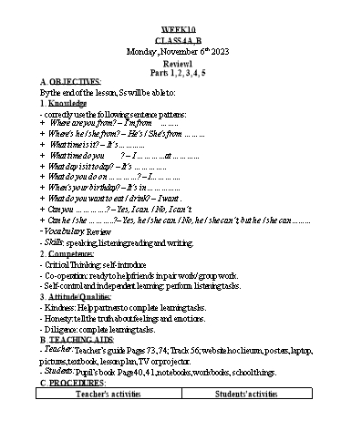 Kế hoạch bài dạy Tiếng Anh 4 - Tuần 10 - Năm học 2023-2024 - Nguyễn Thị Hồng Thắm