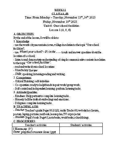 Kế hoạch bài dạy Tiếng Anh 4 - Tuần 11 - Năm học 2023-2024 - Nguyễn Thị Hồng Thắm