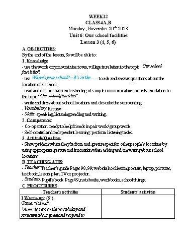 Kế hoạch bài dạy Tiếng Anh 4 - Tuần 12 - Năm học 2023-2024 - Nguyễn Thị Hồng Thắm