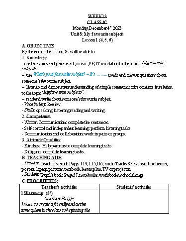 Kế hoạch bài dạy Tiếng Anh 4 - Tuần 14 - Năm học 2023-2024 - Nguyễn Thị Hồng Thắm