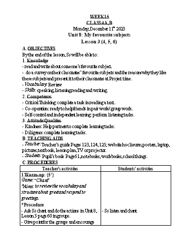 Kế hoạch bài dạy Tiếng Anh 4 - Tuần 15 - Năm học 2023-2024 - Nguyễn Thị Hồng Thắm