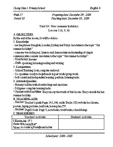 Kế hoạch bài dạy Tiếng Anh 4 - Tuần 17 - Năm học 2024-2025 - Trần Bảo Ngọc