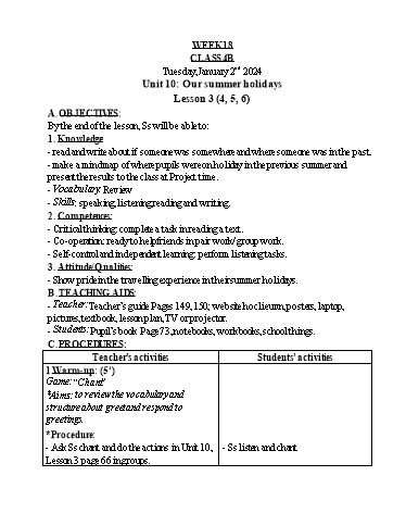 Kế hoạch bài dạy Tiếng Anh 4 - Tuần 18 - Năm học 2023-2024 - Nguyễn Thị Hồng Thắm