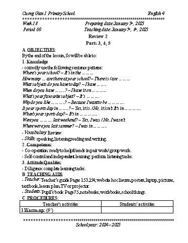 Kế hoạch bài dạy Tiếng Anh 4 - Tuần 18 - Năm học 2024-2025 - Trần Bảo Ngọc