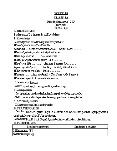 Kế hoạch bài dạy Tiếng Anh 4 - Tuần 19 - Năm học 2023-2024 - Nguyễn Thị Hồng Thắm
