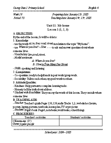 Kế hoạch bài dạy Tiếng Anh 4 - Tuần 19 - Năm học 2024-2025 - Trần Bảo Ngọc