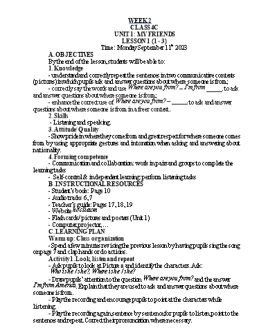Kế hoạch bài dạy Tiếng Anh 4 - Tuần 2 - Năm học 2023-2024 - Nguyễn Thị Hồng Thắm