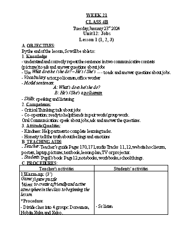 Kế hoạch bài dạy Tiếng Anh 4 - Tuần 21 - Năm học 2023-2024 - Nguyễn Thị Hồng Thắm