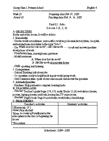 Kế hoạch bài dạy Tiếng Anh 4 - Tuần 21 - Năm học 2024-2025 - Trần Bảo Ngọc