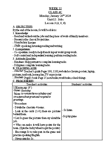 Kế hoạch bài dạy Tiếng Anh 4 - Tuần 22 - Năm học 2023-2024 - Nguyễn Thị Hồng Thắm