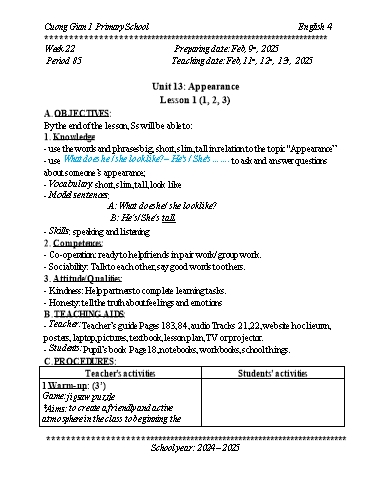 Kế hoạch bài dạy Tiếng Anh 4 - Tuần 22 - Năm học 2024-2025 - Trần Bảo Ngọc