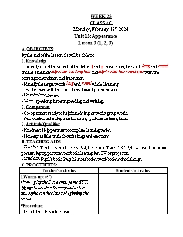 Kế hoạch bài dạy Tiếng Anh 4 - Tuần 23 - Năm học 2023-2024 - Nguyễn Thị Hồng Thắm