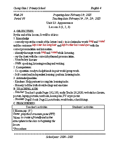 Kế hoạch bài dạy Tiếng Anh 4 - Tuần 23 - Năm học 2024-2025 - Trần Bảo Ngọc