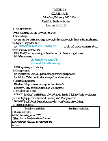 Kế hoạch bài dạy Tiếng Anh 4 - Tuần 24 - Năm học 2023-2024 - Nguyễn Thị Hồng Thắm