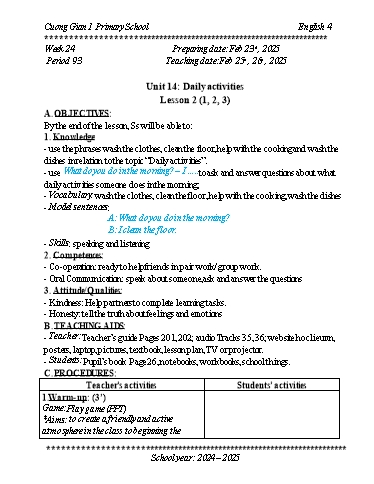 Kế hoạch bài dạy Tiếng Anh 4 - Tuần 24 - Năm học 2024-2025 - Trần Bảo Ngọc