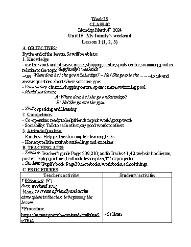 Kế hoạch bài dạy Tiếng Anh 4 - Tuần 25 - Năm học 2023-2024 - Nguyễn Thị Hồng Thắm