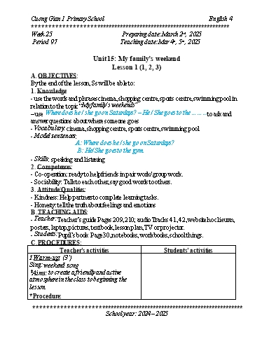 Kế hoạch bài dạy Tiếng Anh 4 - Tuần 25 - Năm học 2024-2025 - Trần Bảo Ngọc