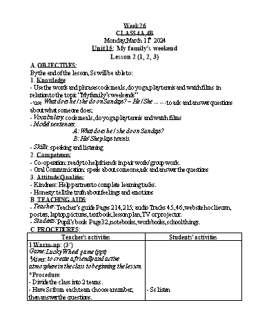 Kế hoạch bài dạy Tiếng Anh 4 - Tuần 26 - Năm học 2023-2024 - Nguyễn Thị Hồng Thắm