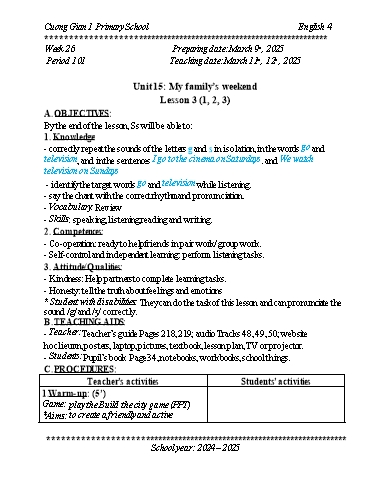 Kế hoạch bài dạy Tiếng Anh 4 - Tuần 26 - Năm học 2024-2025 - Trần Bảo Ngọc