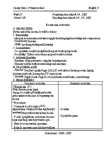 Kế hoạch bài dạy Tiếng Anh 4 - Tuần 27 - Năm học 2024-2025 - Trần Bảo Ngọc