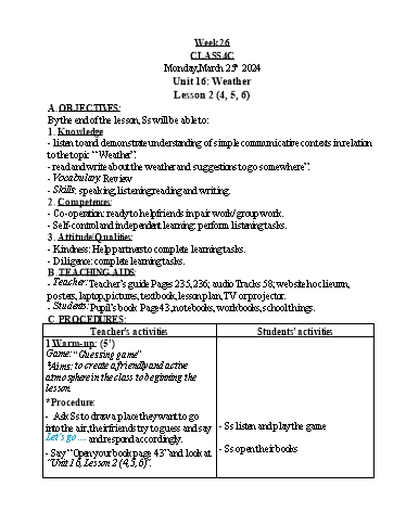 Kế hoạch bài dạy Tiếng Anh 4 - Tuần 28 - Năm học 2023-2024 - Nguyễn Thị Hồng Thắm