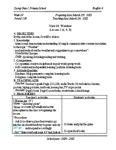 Kế hoạch bài dạy Tiếng Anh 4 - Tuần 28 - Năm học 2024-2025 - Trần Bảo Ngọc