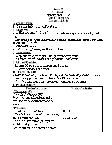 Kế hoạch bài dạy Tiếng Anh 4 - Tuần 29 - Năm học 2023-2024 - Nguyễn Thị Hồng Thắm