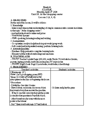 Kế hoạch bài dạy Tiếng Anh 4 - Tuần 31 - Năm học 2023-2024 - Nguyễn Thị Hồng Thắm