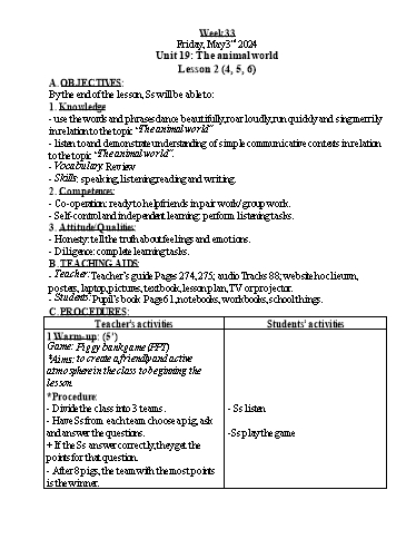 Kế hoạch bài dạy Tiếng Anh 4 - Tuần 33 - Năm học 2023-2024 - Nguyễn Thị Hồng Thắm