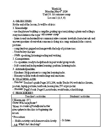 Kế hoạch bài dạy Tiếng Anh 4 - Tuần 34 - Năm học 2023-2024 - Nguyễn Thị Hồng Thắm