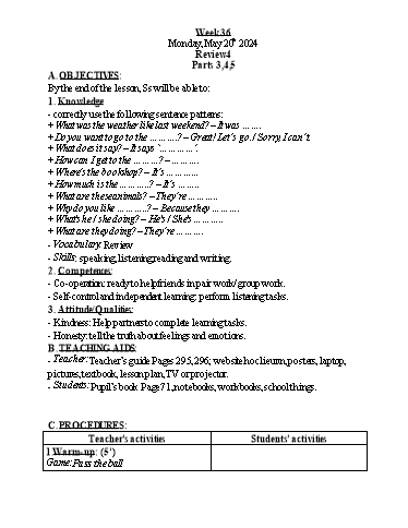 Kế hoạch bài dạy Tiếng Anh 4 - Tuần 36 - Năm học 2023-2024 - Nguyễn Thị Hồng Thắm