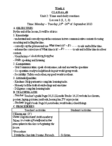 Kế hoạch bài dạy Tiếng Anh 4 - Tuần 4 - Năm học 2023-2024 - Nguyễn Thị Hồng Thắm