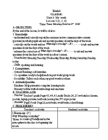 Kế hoạch bài dạy Tiếng Anh 4 - Tuần 5 - Năm học 2023-2024 - Nguyễn Thị Hồng Thắm