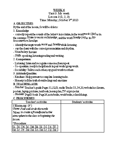 Kế hoạch bài dạy Tiếng Anh 4 - Tuần 6 - Năm học 2023-2024 - Nguyễn Thị Hồng Thắm