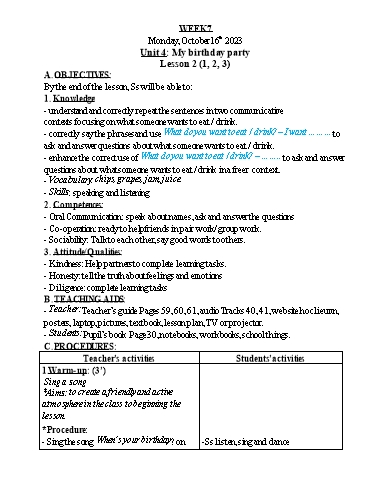 Kế hoạch bài dạy Tiếng Anh 4 - Tuần 7 - Năm học 2023-2024 - Nguyễn Thị Hồng Thắm