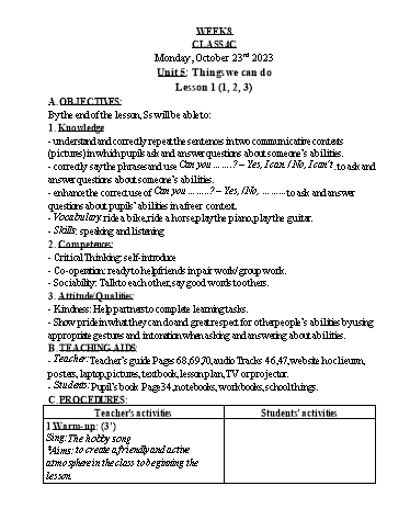 Kế hoạch bài dạy Tiếng Anh 4 - Tuần 8 - Năm học 2023-2024 - Nguyễn Thị Hồng Thắm