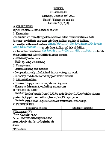 Kế hoạch bài dạy Tiếng Anh 4 - Tuần 9 - Năm học 2023-2024 - Nguyễn Thị Hồng Thắm